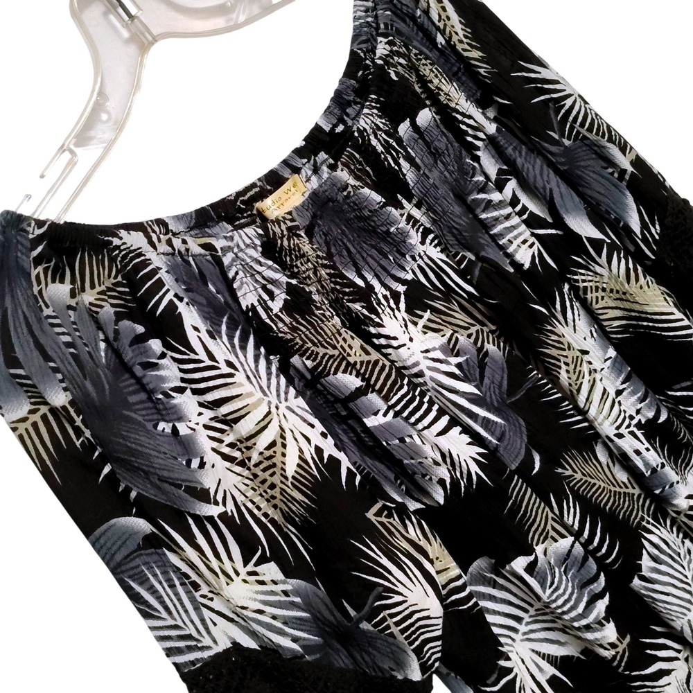 Studio West Apparel Black Palm Print Bell Sleeve Off Shoulder Top XXL Boho retro